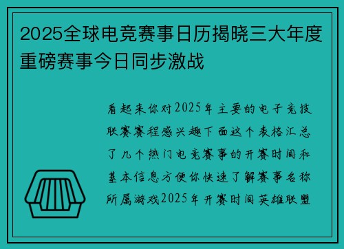 2025全球电竞赛事日历揭晓三大年度重磅赛事今日同步激战