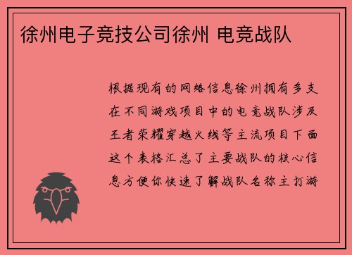 徐州电子竞技公司徐州 电竞战队